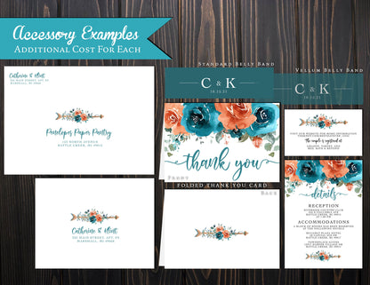 Turquoise and Orange Florals on White Background Fall Wedding Invitation, Set, or Suite