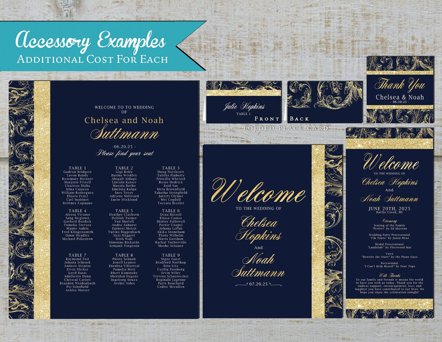 Faux Gold Glitter Lace and Border with Blue Background Traditional Wedding Invitation, Sets, or Suite