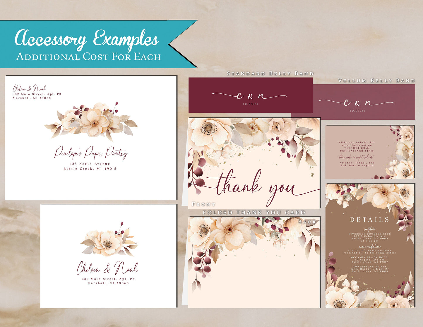 Rustic Neutral Tone Floral on Ivory, Beige, Hues Fall Wedding Invitation, Set, or Suite