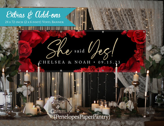 Red Rose Florals with Black Background Engagement Vinyl Banner with Grommets