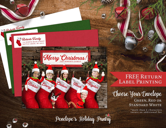 Personalized Funny Elf Christmas Photo Card with Elves in Stockings  Fireplace - Includes Printed Cards Envelopes  Return Address Label