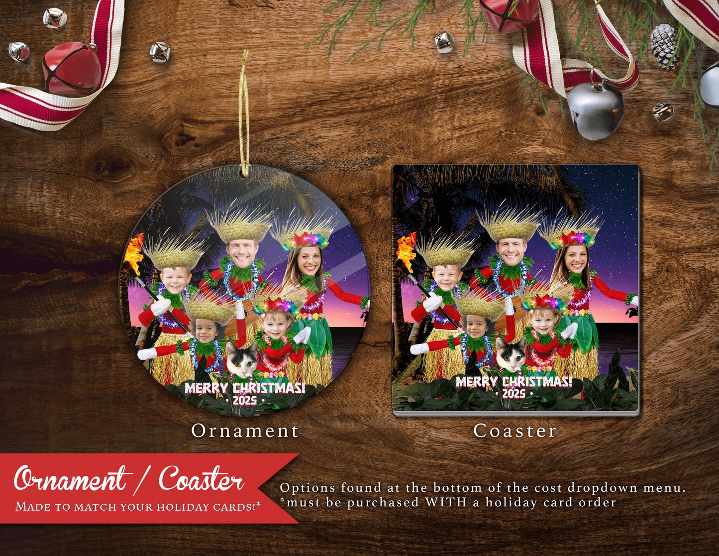 Funny Mele Kalikimaka Christmas Photo Card – Personalized Hawaiian Luau Family Card – Grass Skirts, Custom Text, Printed with Envelopes & Return Labels