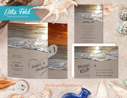 Gatefold Sunset Beach Heart in The Sand Folded Wedding Invitation, Set, or Suite