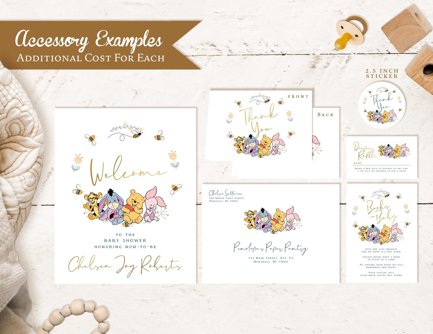 Winnie the Pooh Baby Shower Invitation – Gender Neutral Personalized Printed Invite with Baby Pooh Bear & Bees – Gold Foil Details & Envelope Included by Penelope’s Paper Pantry