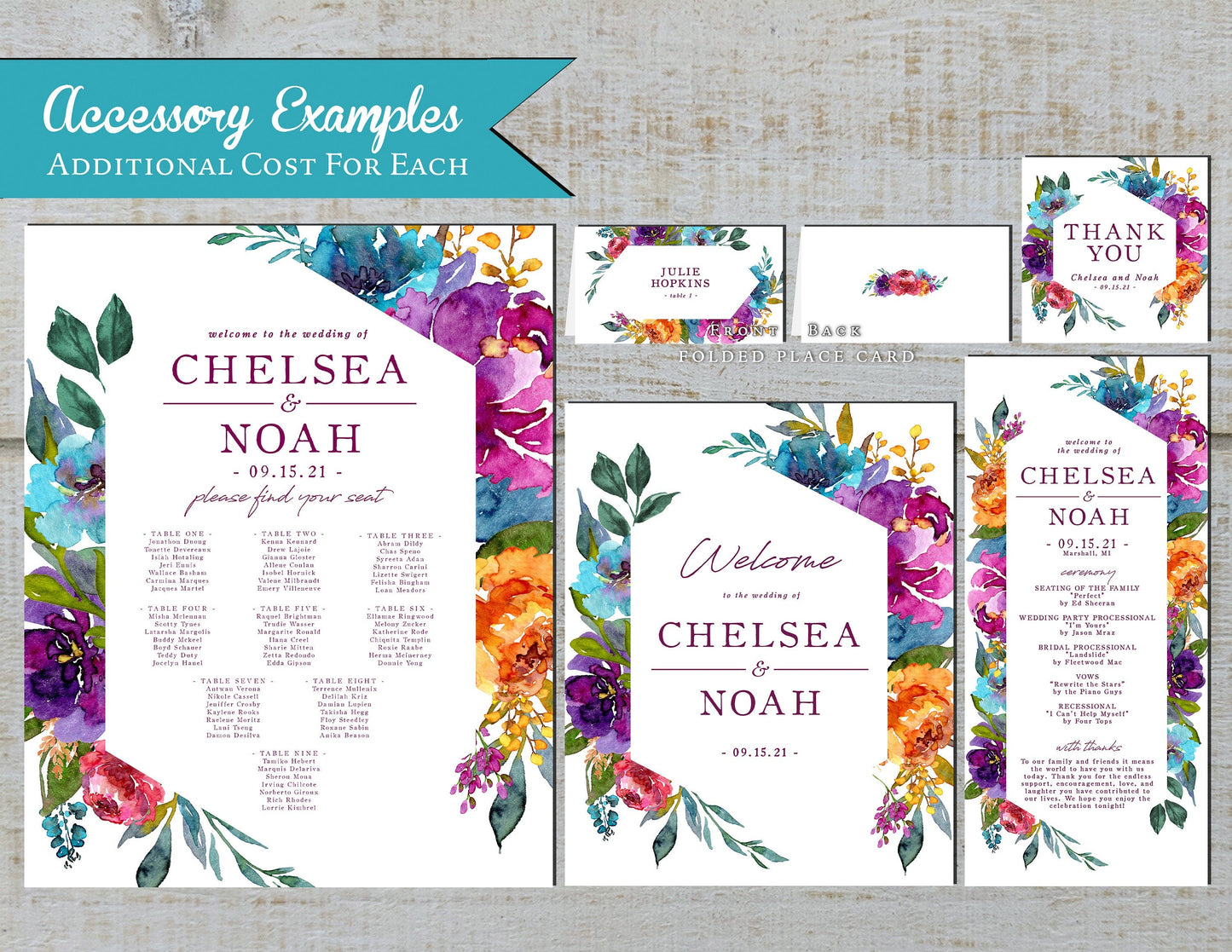 Bright Florals with Geometric Frame on White Background Summer Wedding Invitation, Set, or Suite