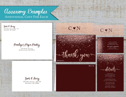 Rose Gold Faux Glitter with Burgundy Background Traditional Wedding Invitation, Sets, or Suite