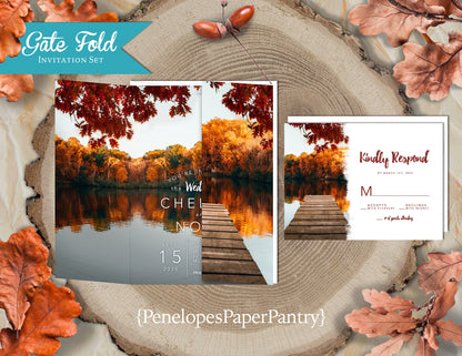 Gatefold Fall Wedding Invitation – Lake Dock & Autumn Leaves – Personalized Vibrant Printed Invite with Envelopes Included