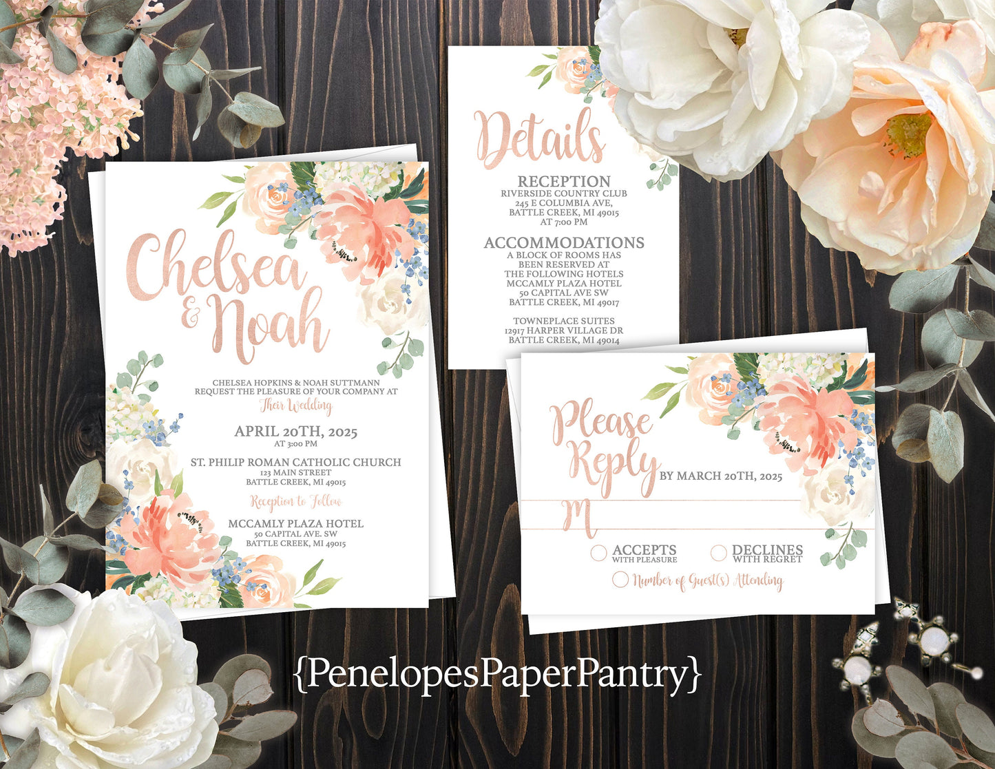 Peach and Ivory Rose Florals on White Background Summer Wedding Invitation, Set, or Suite