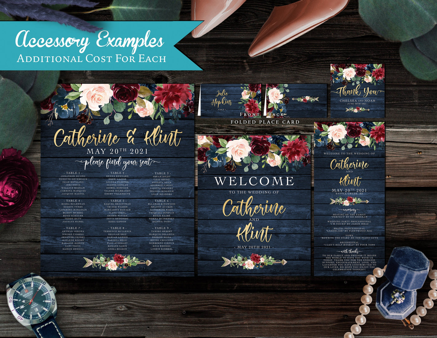 Navy, Blush, and Burgundy Florals on Blue Wood Background Fall Wedding Invitation, Set, or Suite