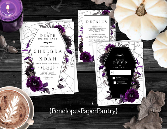 Elegant Gothic Halloween Wedding Invitation – Casket, Spider Webs & Purple Roses – Personalized Shimmery Printed Invite with Envelopes