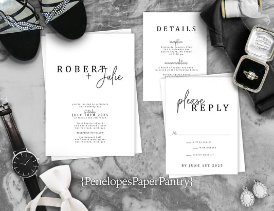 Black and White Modern Type on White Paper Traditional Wedding Invitation, Sets, or Suite