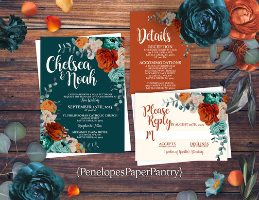 Terracotta and Burnt Orange Florals on Rusty and Ivory Hues Fall Wedding Invitation, Set, or Suite