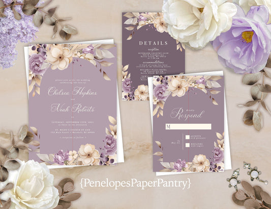 Dusty Purple and Beige Rose Summer Wedding Invitation, Set, or Suite