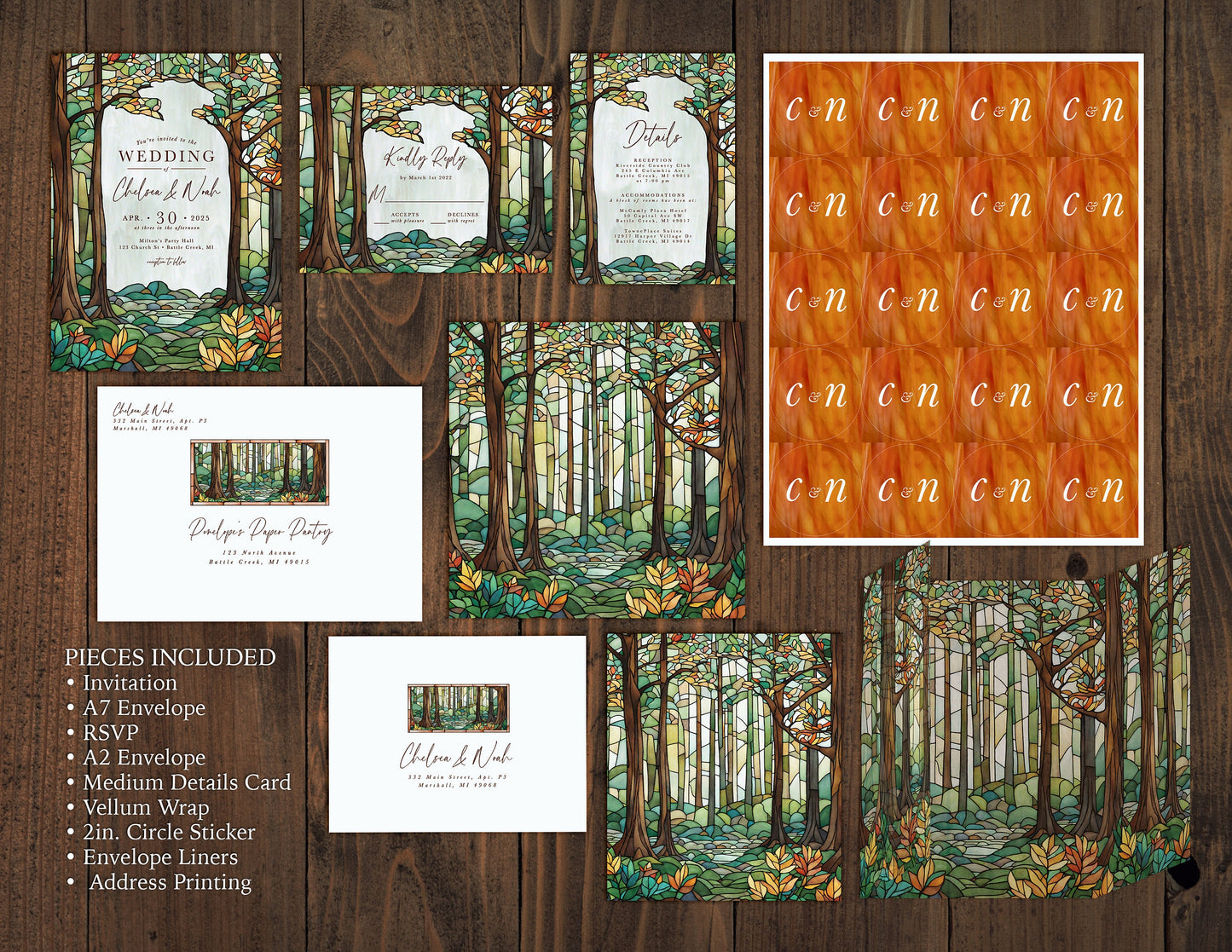 9 Piece Fall Forest Scene Faux Stained Glass Border Wedding Bundle with Address Printing