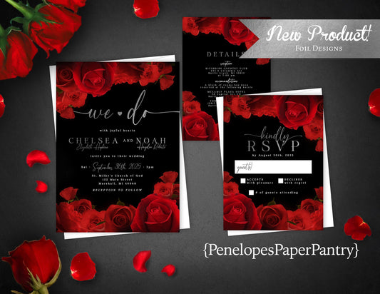 Red Florals with Silver Foil and Black Background Rose Wedding Invitation, Set, or Suite