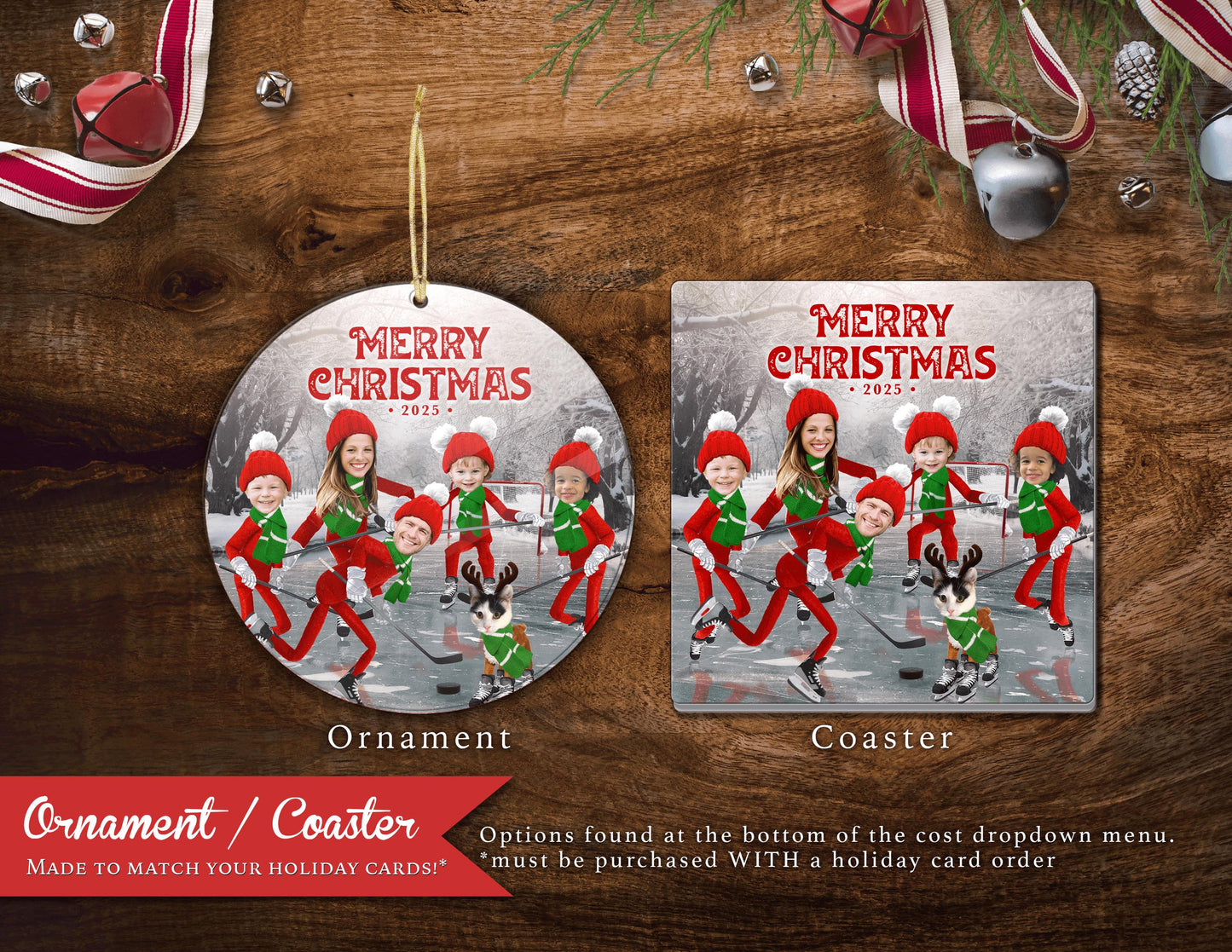 Funny Elf Christmas Photo Card – Personalized Family Hockey Theme with Ice Skates, Puck, Net & Custom Text – Double-Sided Printed with Envelopes