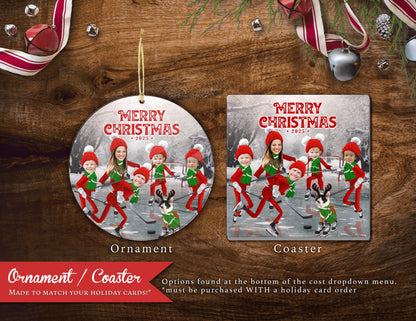 Funny Elf Christmas Photo Card – Personalized Family Hockey Theme with Ice Skates, Puck, Net & Custom Text – Double-Sided Printed with Envelopes