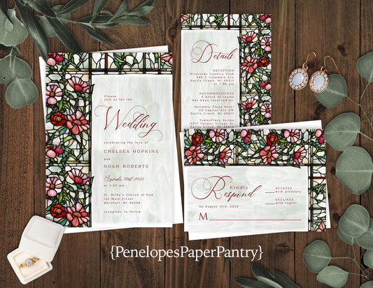 Elegant Stained Glass Floral Summer Wedding Invitation Personalized Calligraphy Shimmery Printed Invitations Envelope Included Optional RSVP