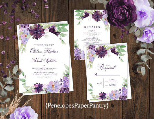 Elegant Purple Floral Summer Wedding Invitation Personalized Lavender Dark Purple Calligraphy Shimmery Printed Invitations Envelope Included