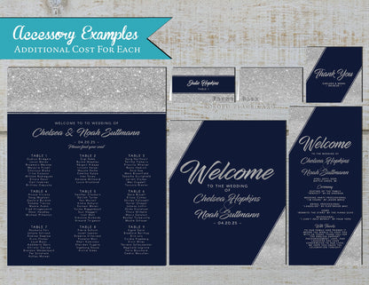 Navy with Faux Silver Glitter Corners Traditional Wedding Invitation, Sets, or Suite