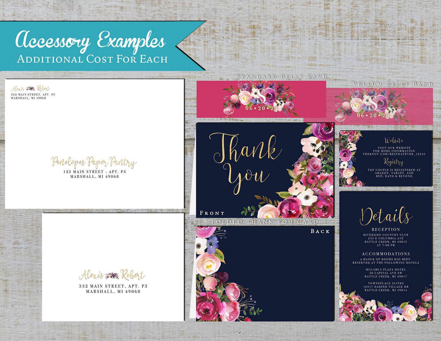 Navy and Pink Floral Summer Wedding Invitation,Summer Wedding Invite,Magenta,Cornflower Blue,Gold,Shimmery,Personalize,Printed Invitation