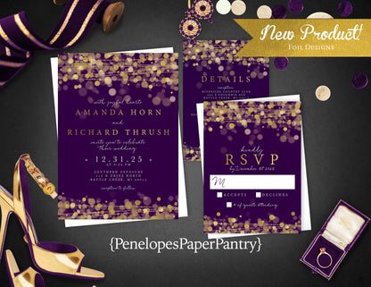 Gold Foil Bokeh String Lights with Purple Background Traditional Wedding Invitation, Sets, or Suite