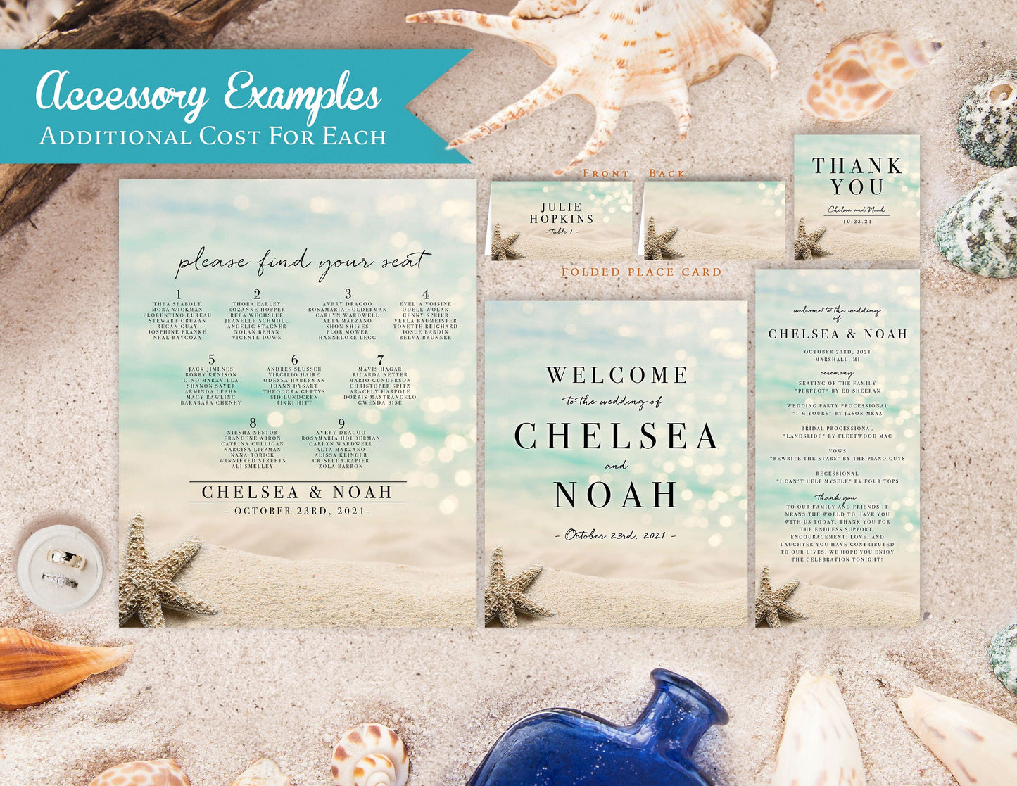 Daytime and Starfish Beach Wedding Invitation, Set, or Suite