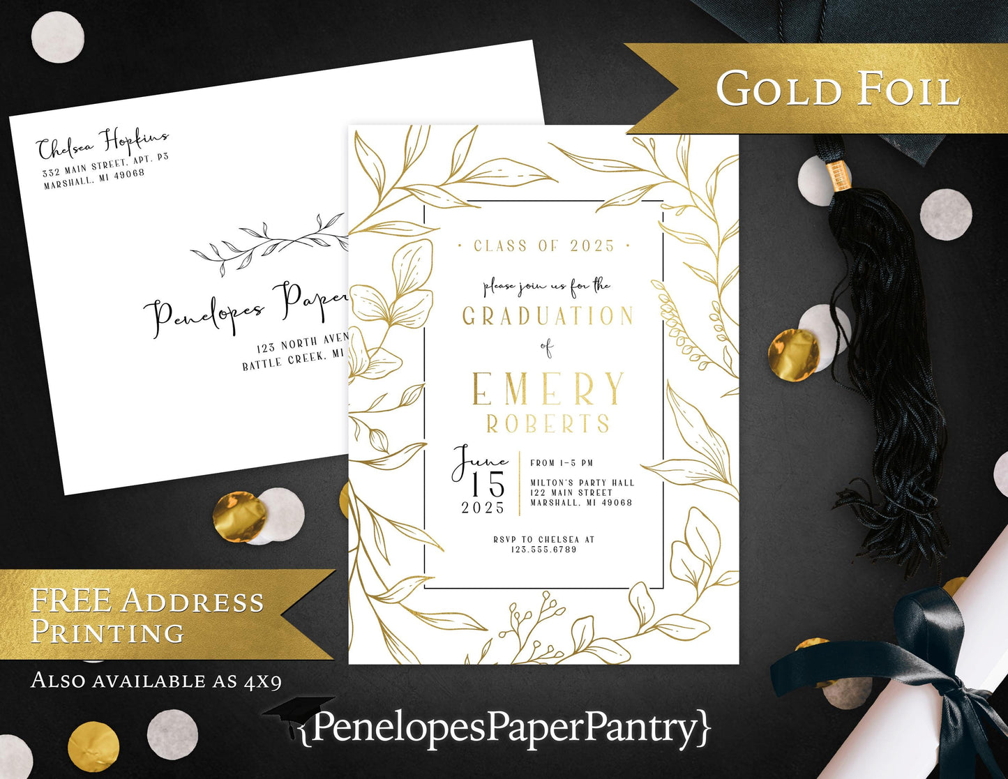 Gold Foil Floral Frame Graduation Open House or Ceremony Invitation