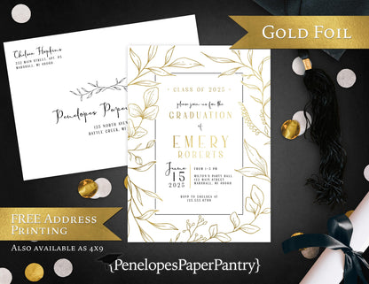 Gold Foil Floral Frame Graduation Open House or Ceremony Invitation