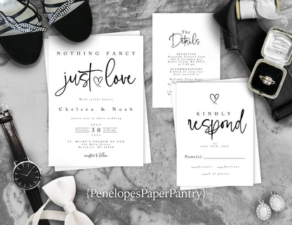 Black and White Simple Just Love Traditional Wedding Invitation, Sets, or Suite