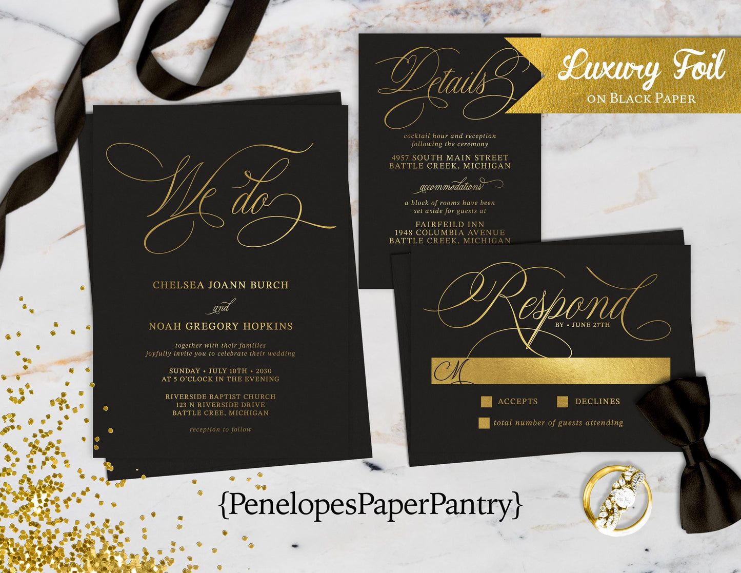 Luxury Gold Foil Typography on Black Paper Traditional Wedding Invitation, Sets, or Suite