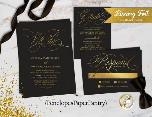 Luxury Gold Foil Typography on Black Paper Traditional Wedding Invitation, Sets, or Suite