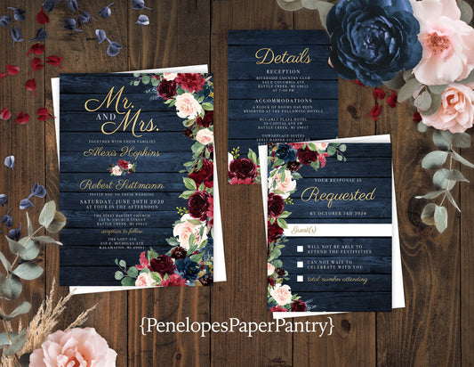 Rustic Navy Floral Fall Wedding Invitation – Barn Wood, Burgundy & Blush Florals, Gold Calligraphy – Personalized Shimmery Printed Invitations with Envelopes