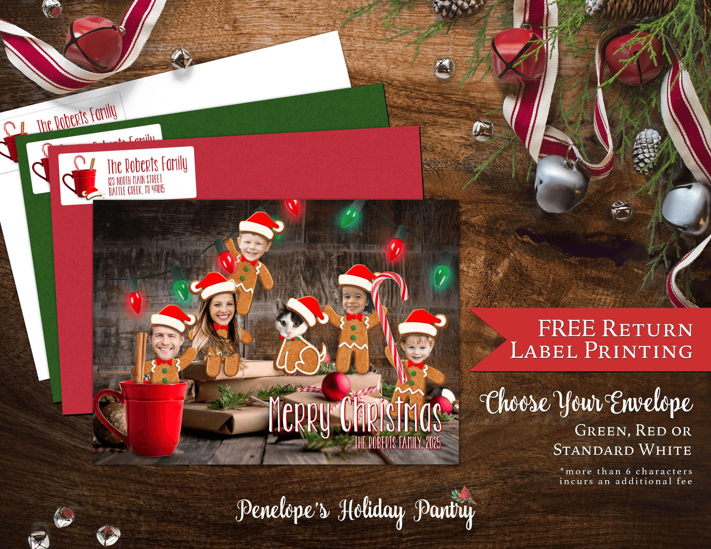 Funny Gingerbread Family Christmas Photo Card – Personalized Elves & Hot Chocolate Design – Printed Cards with Envelopes & Return Address Labels