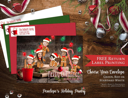 Funny Gingerbread Family Christmas Photo Card – Personalized Elves & Hot Chocolate Design – Printed Cards with Envelopes & Return Address Labels