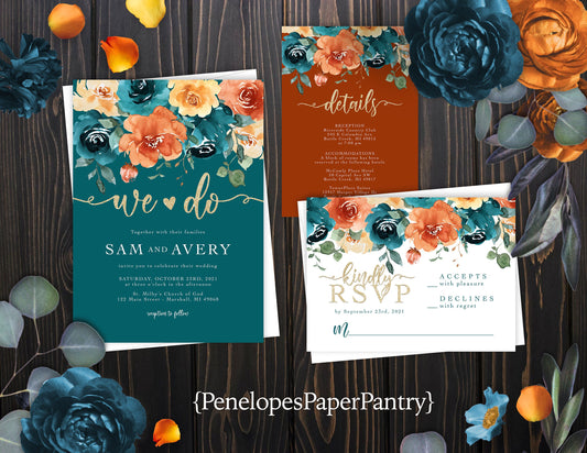 Teal Fall Wedding Invitation – Burnt Orange Florals & Gold Glitter – Personalized Shimmery Printed Invite with Envelopes Included