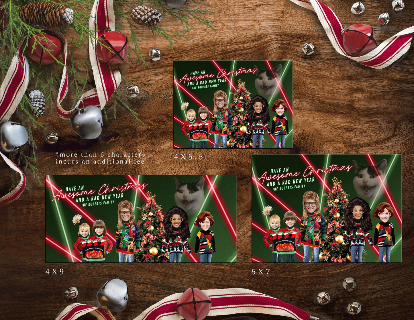Funny Retro Christmas Family Photo Card Personalized 80's Throwback Mullet Big Hair Laser Lights Ugly Sweaters Printed Cards With Envelopes