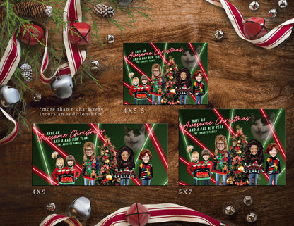 Funny Retro Christmas Family Photo Card Personalized 80's Throwback Mullet Big Hair Laser Lights Ugly Sweaters Printed Cards With Envelopes