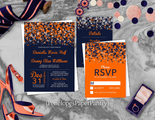 Orange Bokeh with Navy Blue Background Traditional Wedding Invitation, Sets, or Suite