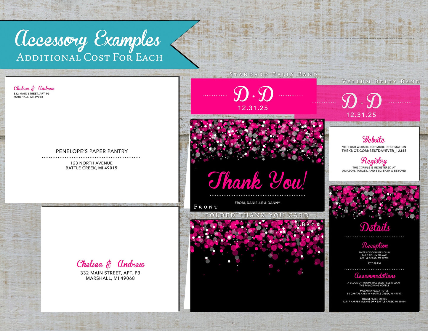 Hot Pink Bokeh with Black Background Traditional Wedding Invitation, Sets, or Suite