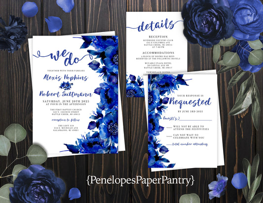 Elegant Sapphire Blue Floral Summer Wedding Invitation Personalized We Do Calligraphy Cobalt Blue Roses Printed Invitation Envelope Included