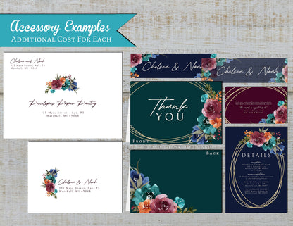 Jewel Tone Florals on Green, Navy, and Plum Background Fall Wedding Invitation, Set, or Suite