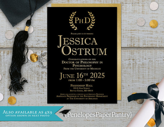 Degree with Laurels on Metallic Gold Paper Graduation Open House or Ceremony Invitation