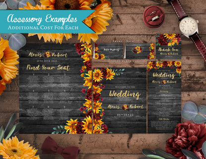 Sunflower and Burgundy Florals on Grey Wood Background Fall Wedding Invitation, Set, or Suite