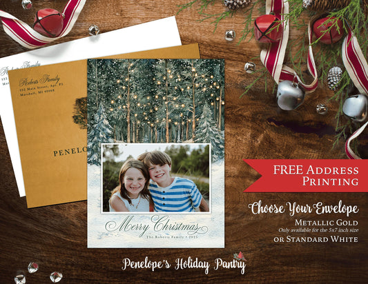 Elegant Rustic Christmas Photo Card Personalized Snowy Winter Forest Glowing Lights Gold Foil Custom Text Printed Cards FREE Address Print