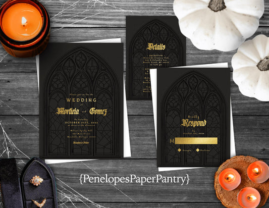 Luxury Halloween Wedding Invitation – Black & Gold Foil Addams Family Style – Personalized Printed Invitations with Envelopes Included