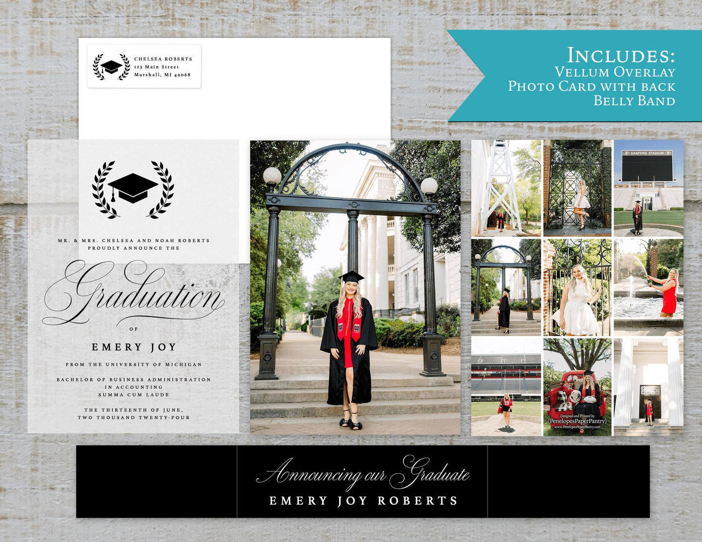 3 Piece Photo, Vellum Overlay, and Band Graduation Open House or Ceremony Invitation