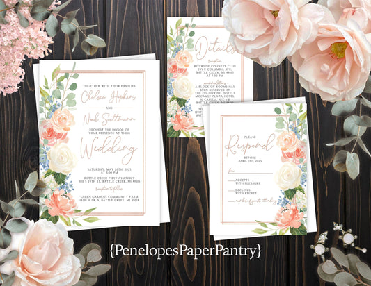 Peach Rose Florals on White Background Summer Wedding Invitation, Set, or Suite