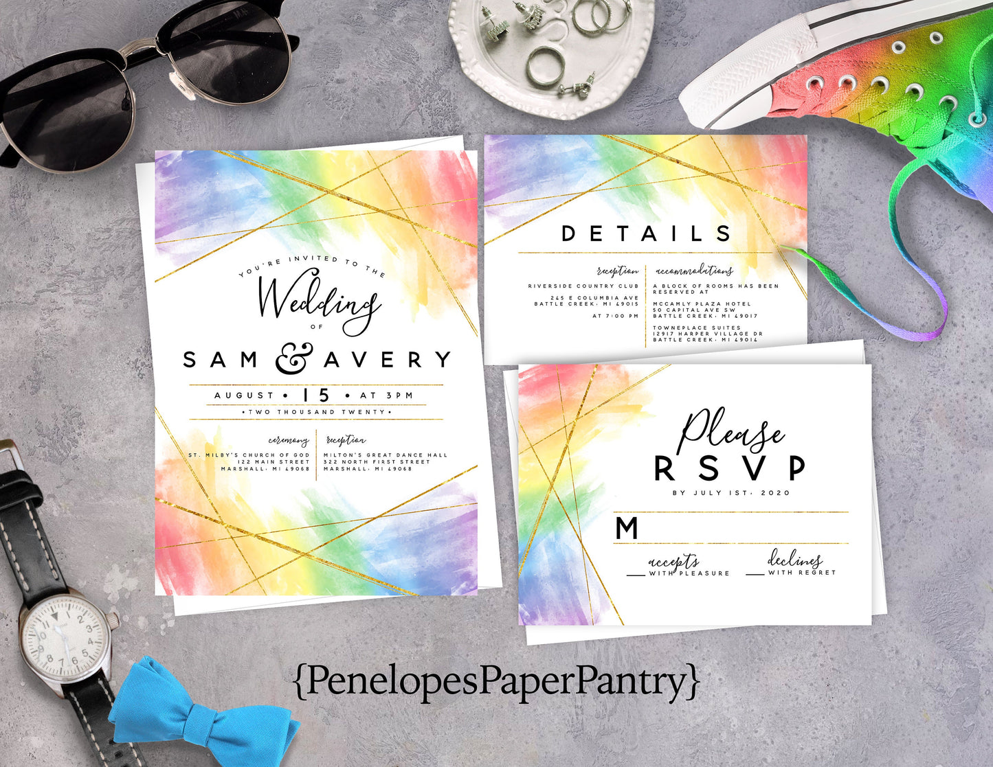 LGBTQ+ Rainbow Border Traditional Wedding Invitation, Sets, or Suite