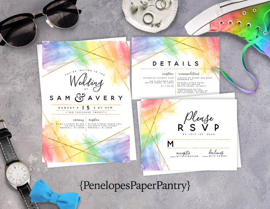 LGBTQ+ Rainbow Border Traditional Wedding Invitation, Sets, or Suite